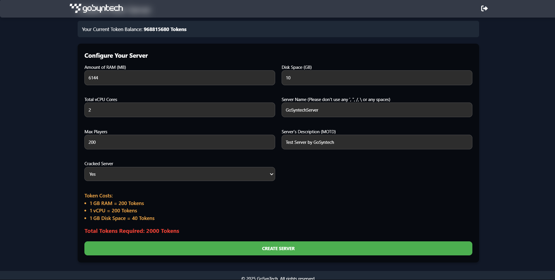 Server Configuration Page