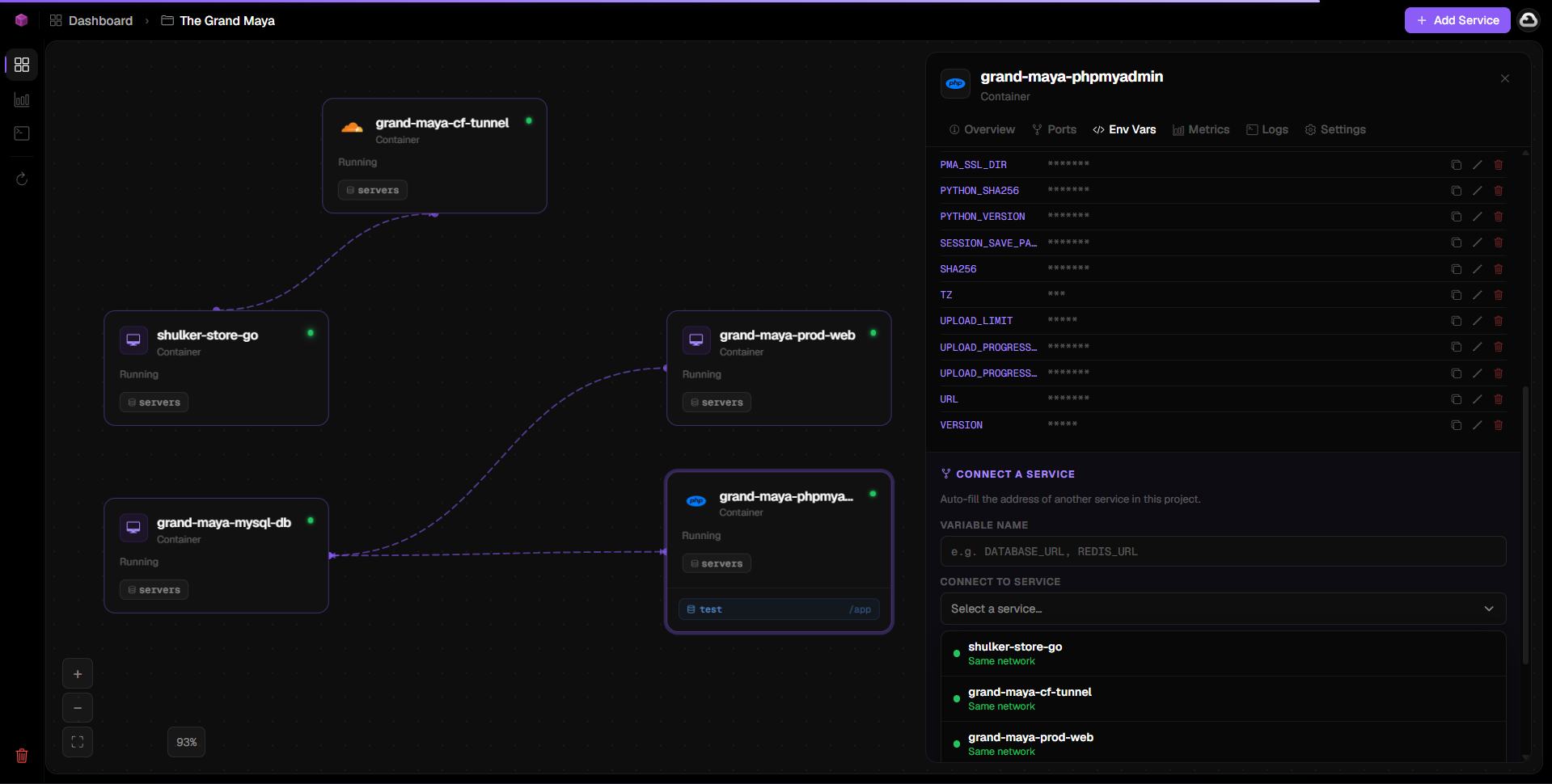 Shulker Projects Dashboard - Visual grid of all your services with drag-and-drop organization